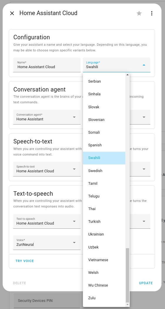 Languages supported by Home Assistant Cloud