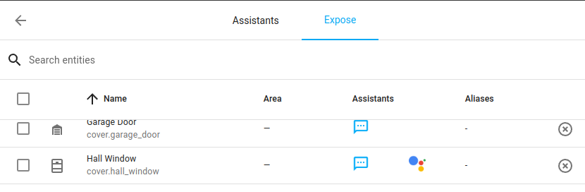 Expose entities: Google Assistant icon is now visible