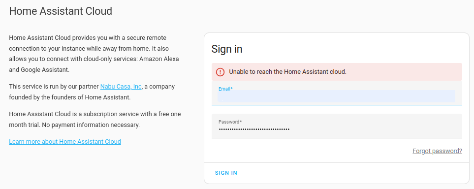 Unable to connect to Home Assistant Cloud