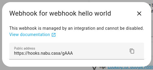 Screenshot of the webhook info dialog